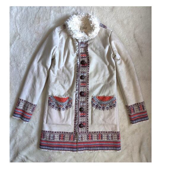Billabong White Aztec Southwestern Faux Shearling Coat SZ S Indie Hipster Jacket - Picture 2 of 11